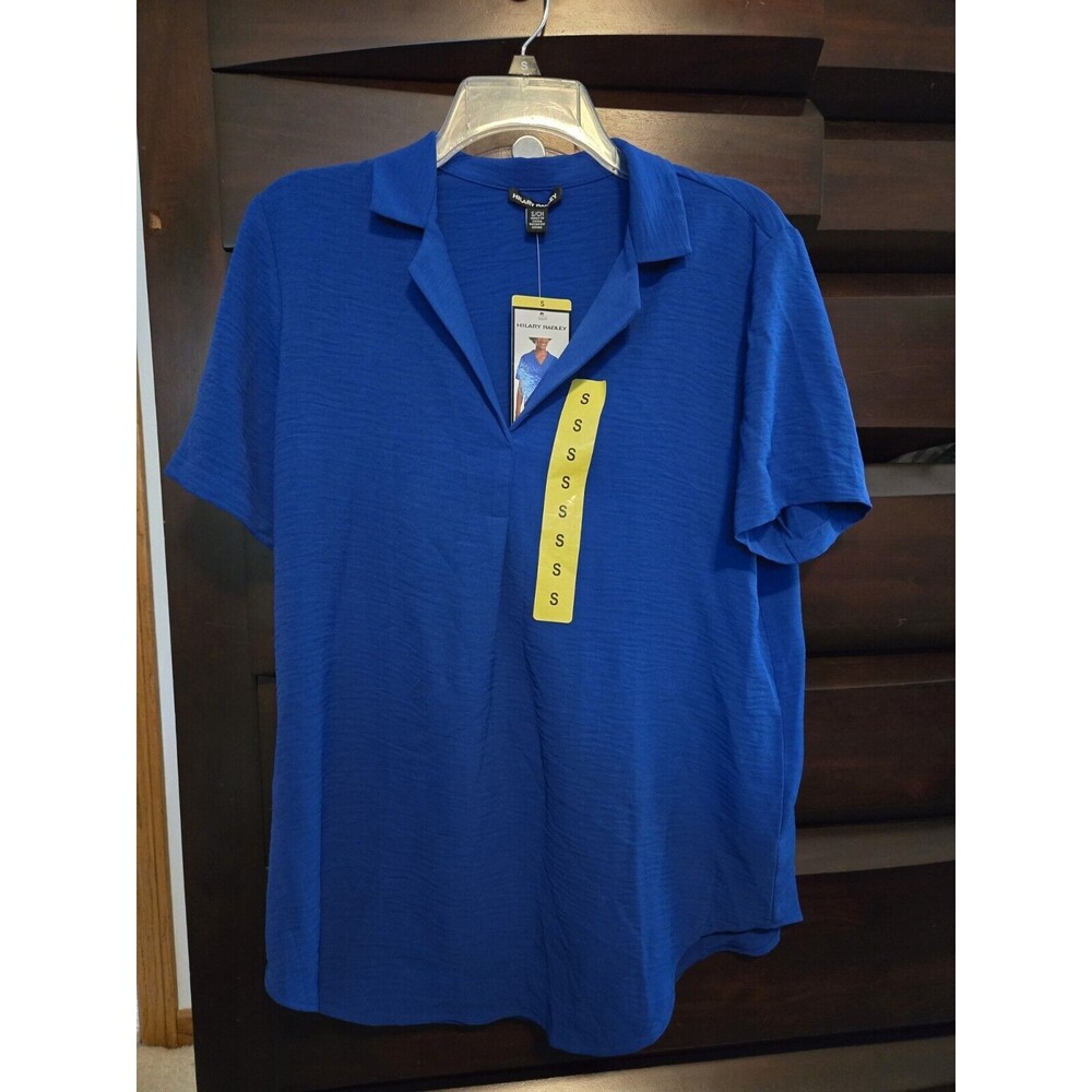 Hilary Radley Women's V-Neck Short Sleeve Blouse, Blue, Size S